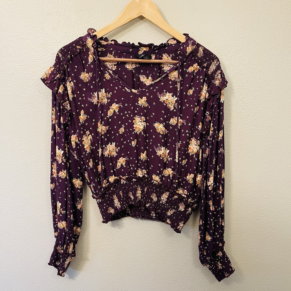 Angie Floral Peasant Crop Top‎ Ruffles Purple Plum Boho Dark Romantic Size M
